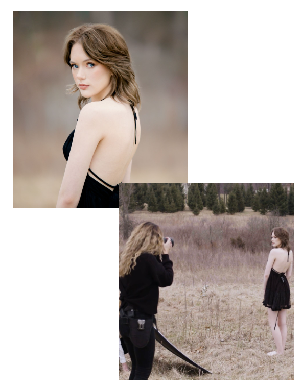 photo of Nikki Closser using a reflector on the ground in a field to get glowy skin while photographing her female client wearing a short black dress.